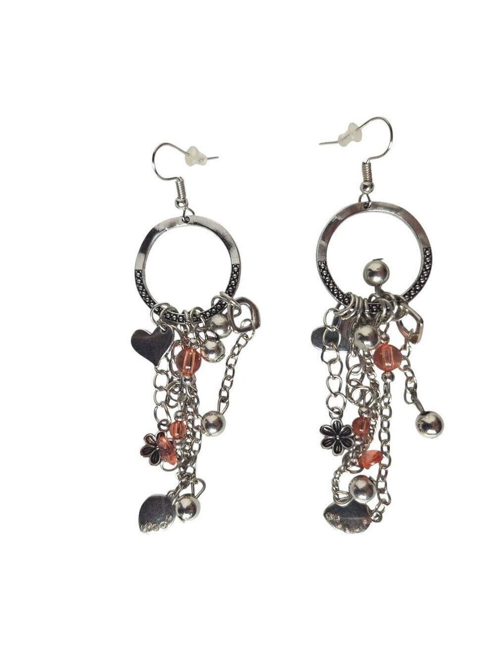 Silver Chain Earrings Heart Flower Charms Orange Beads